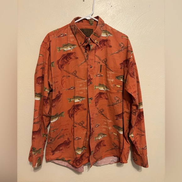 Casual Orange Button Down Shirt with Fish Print - Picture 1 of 8